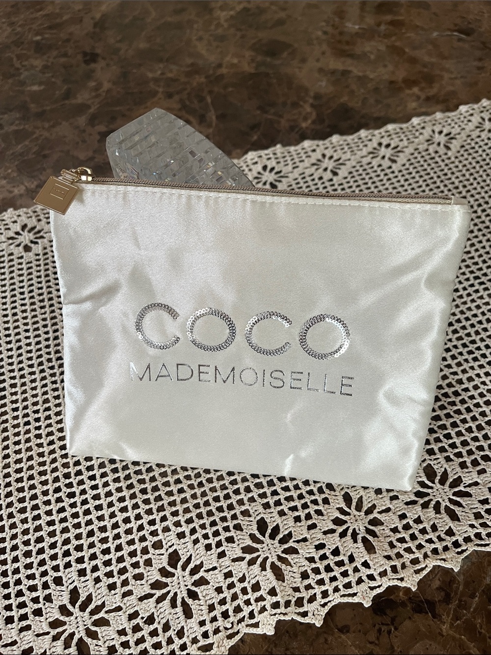 Chanel COCO Mademoiselle Silver Sequin Logo Ivory Satin Cosmetic Bag Pouch
